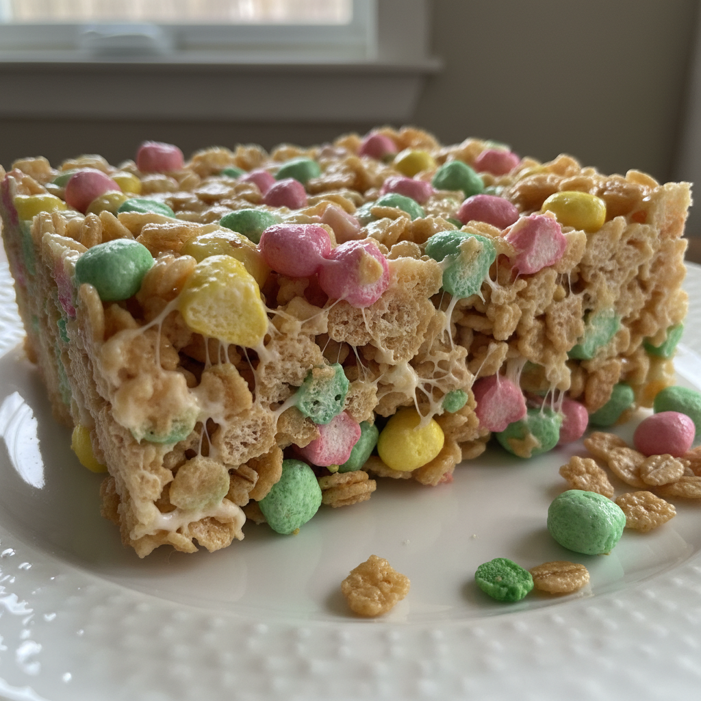 A vibrant plate of soft, chewy Lucky Charms Rice Crispy Treats, perfect for this easy recipe, topped with colorful marshmallows.