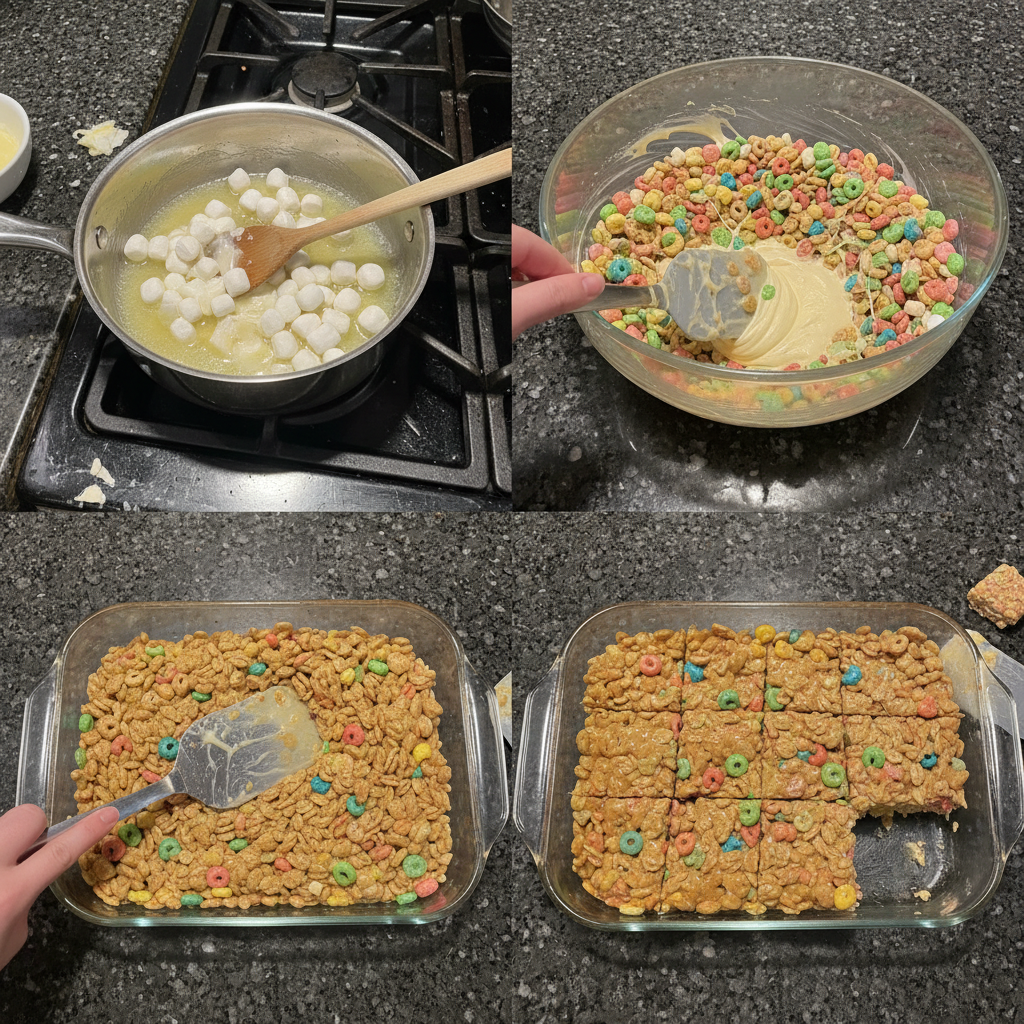lucky-charms-rice-crispy-treats-recipe-prep-step Melting butter and fluffy marshmallows in a warm saucepan for the Lucky Charms Rice Crispy Treats recipe.