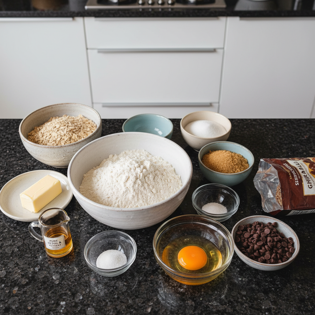 oatmeal-chocolate-chip-cookie-recipe-ingredients Fresh baking ingredients for an oatmeal chocolate chip cookie recipe, including oats, chocolate chips, flour, and butter, neatly arranged on a counter.