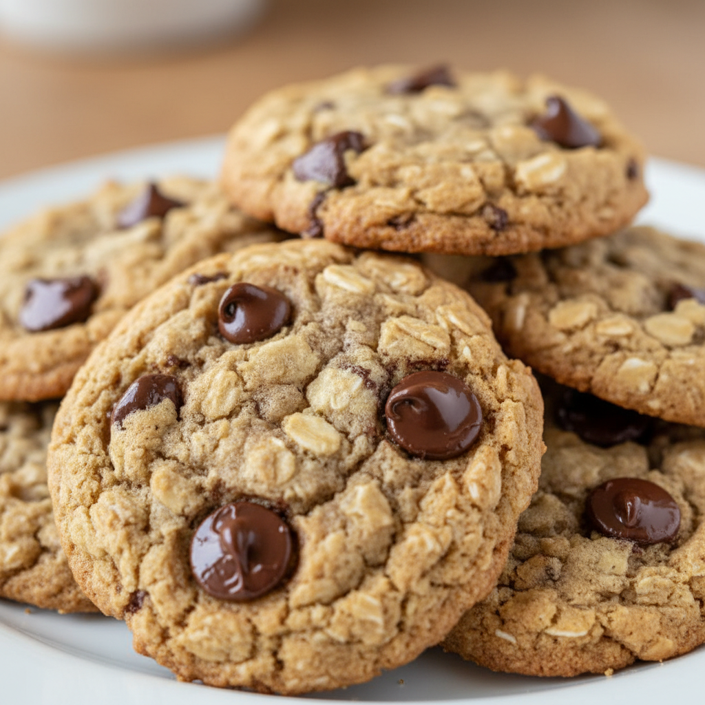 A plate of warm, chewy oatmeal chocolate chip cookies, fresh from the oven, perfect for this oatmeal chocolate chip cookie recipe.