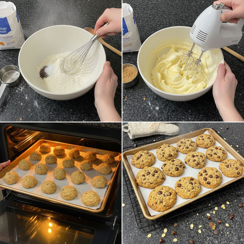 oatmeal-chocolate-chip-cookie-recipe-prep-step Hands mixing cookie dough in a bowl, preparing the batter for an oatmeal chocolate chip cookie recipe before baking.