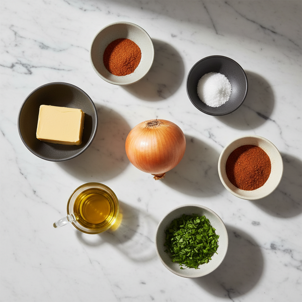 Flat lay of Vidalia onions, Old Bay seasoning, vegan butter, and miso ingredients on a contemporary white countertop.