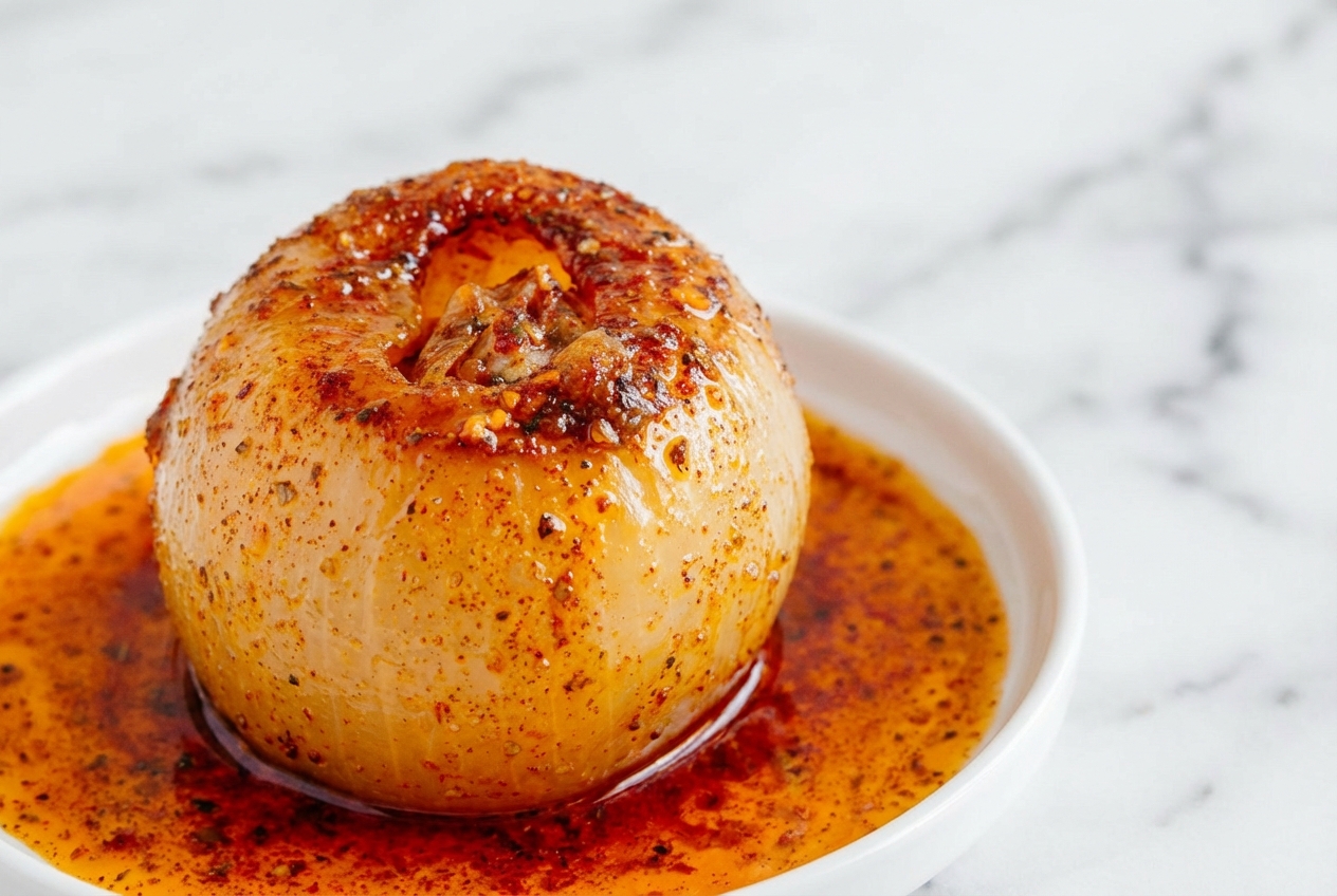 Tender Vidalia onions in a minimalist ceramic bowl glazed with umami miso-maple on a white marble surface.