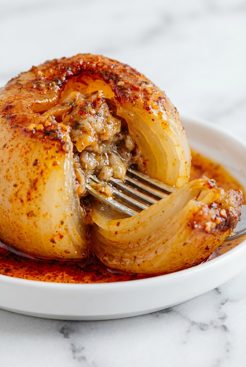 Close-up of steamed onions in a white ceramic vessel highlighting the tender texture and natural window lighting.