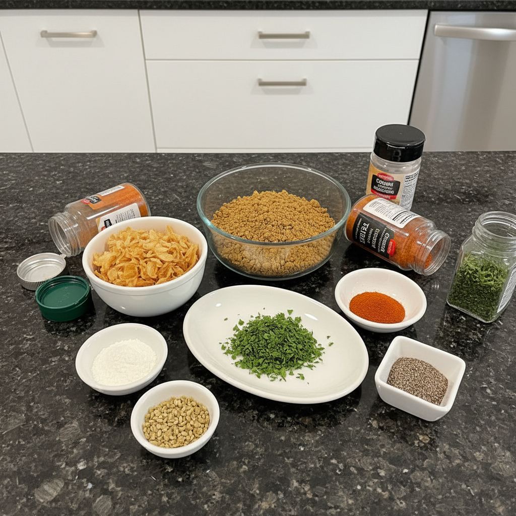 onion-soup-mix-recipe-ingredients A flat lay of all ingredients for a classic onion soup mix recipe, including fresh onions, beef broth, and the soup mix packet.