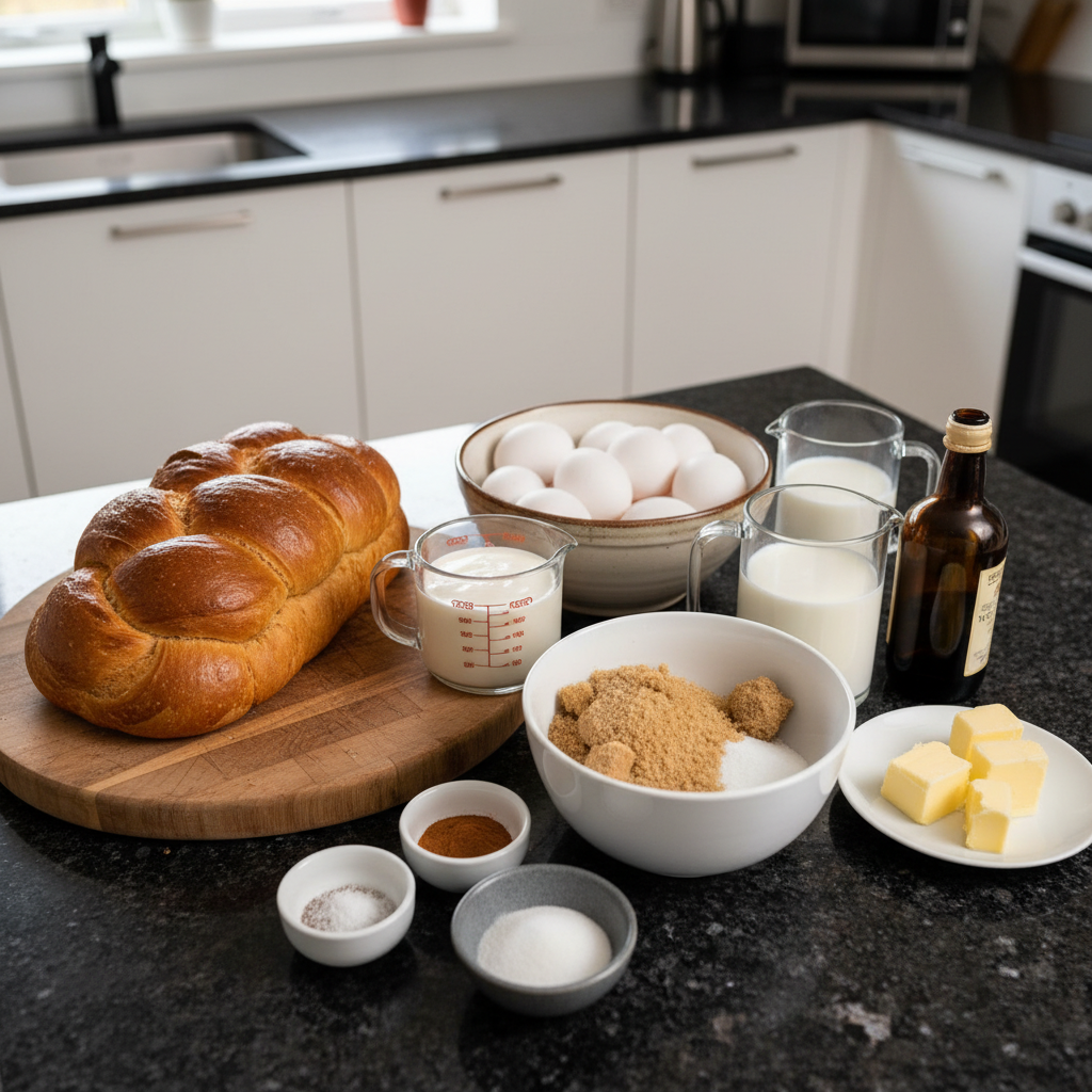 overnight-french-toast-casserole-ingredients Various fresh ingredients like bread, eggs, milk, and maple syrup laid out for overnight french toast casserole.