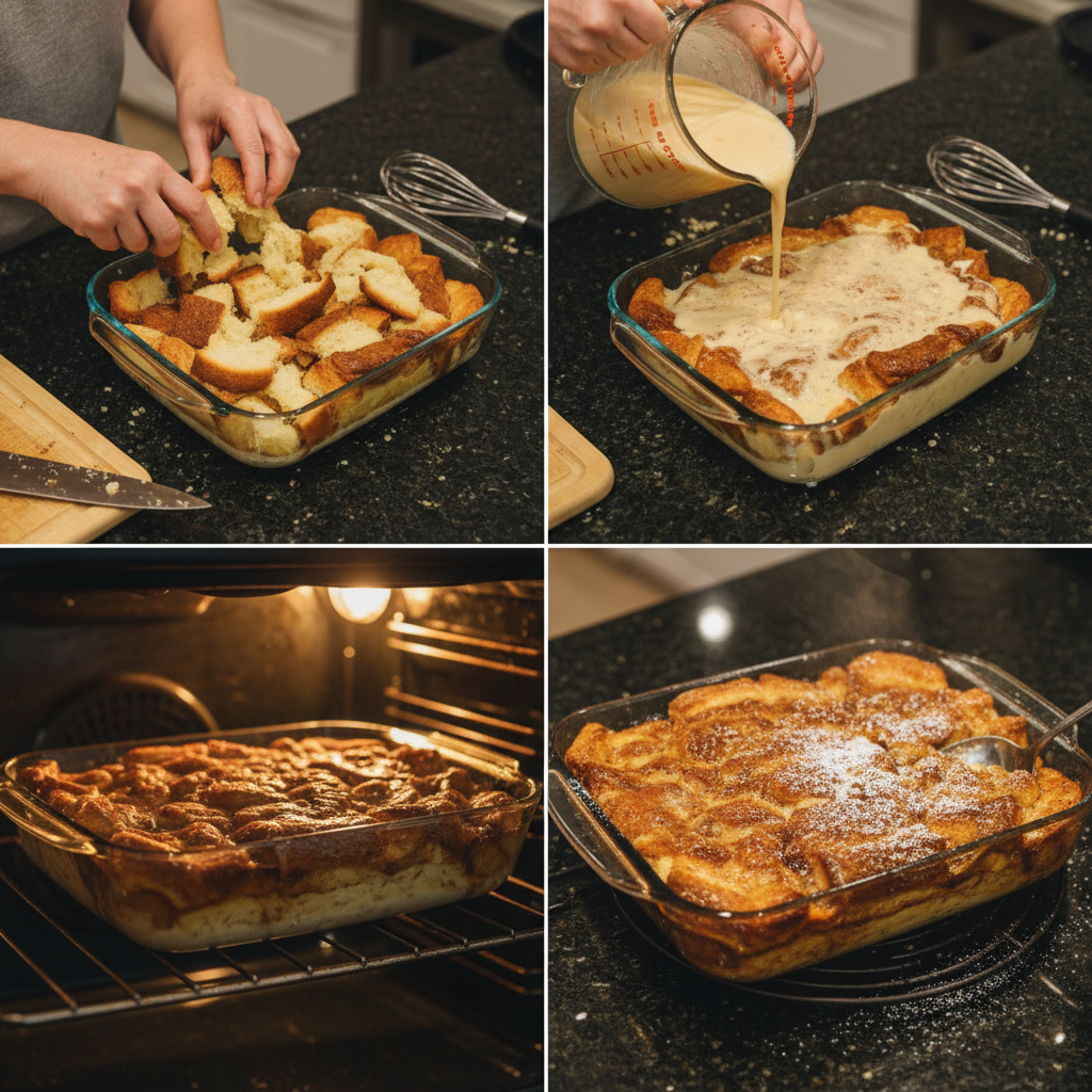 overnight-french-toast-casserole-prep Sliced bread being arranged in a baking dish, ready to be soaked for overnight french toast casserole.