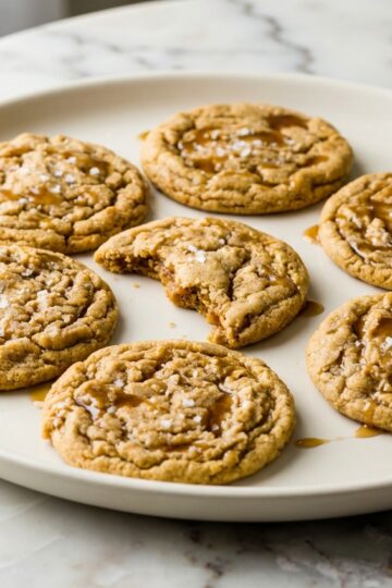 Peanut butter cookies with a glossy brown butter honey glaze infusion on a white marble surface in natural light.