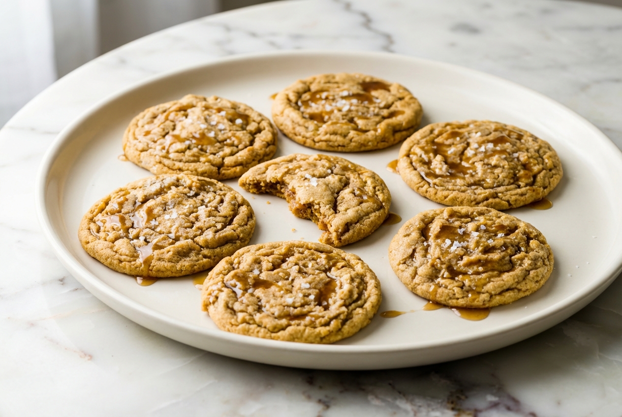 Peanut butter cookies with a glossy brown butter honey glaze infusion on a white marble surface in natural light.