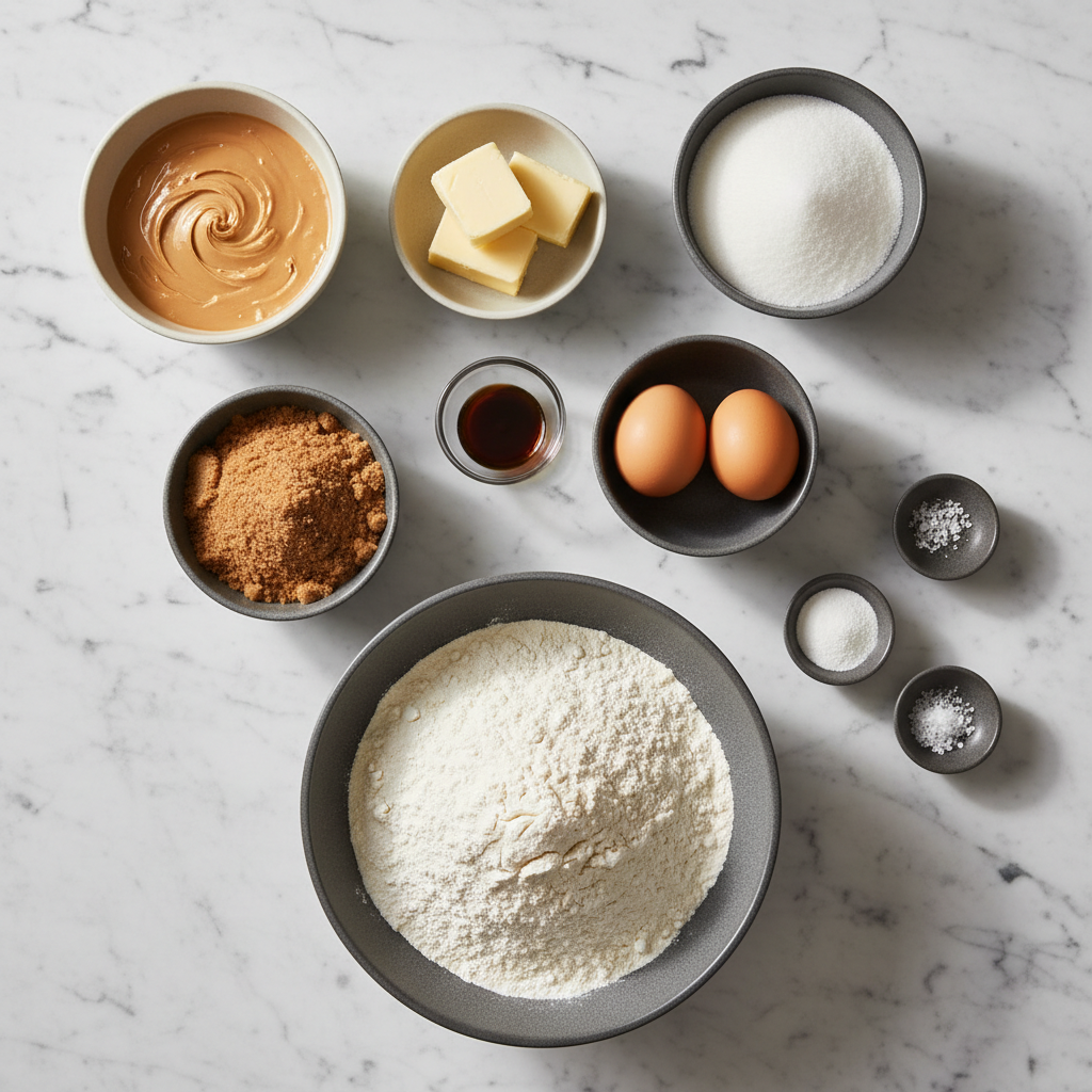 Flat lay of unsalted butter and sodium bicarbonate for peanut butter cookies on a contemporary countertop.