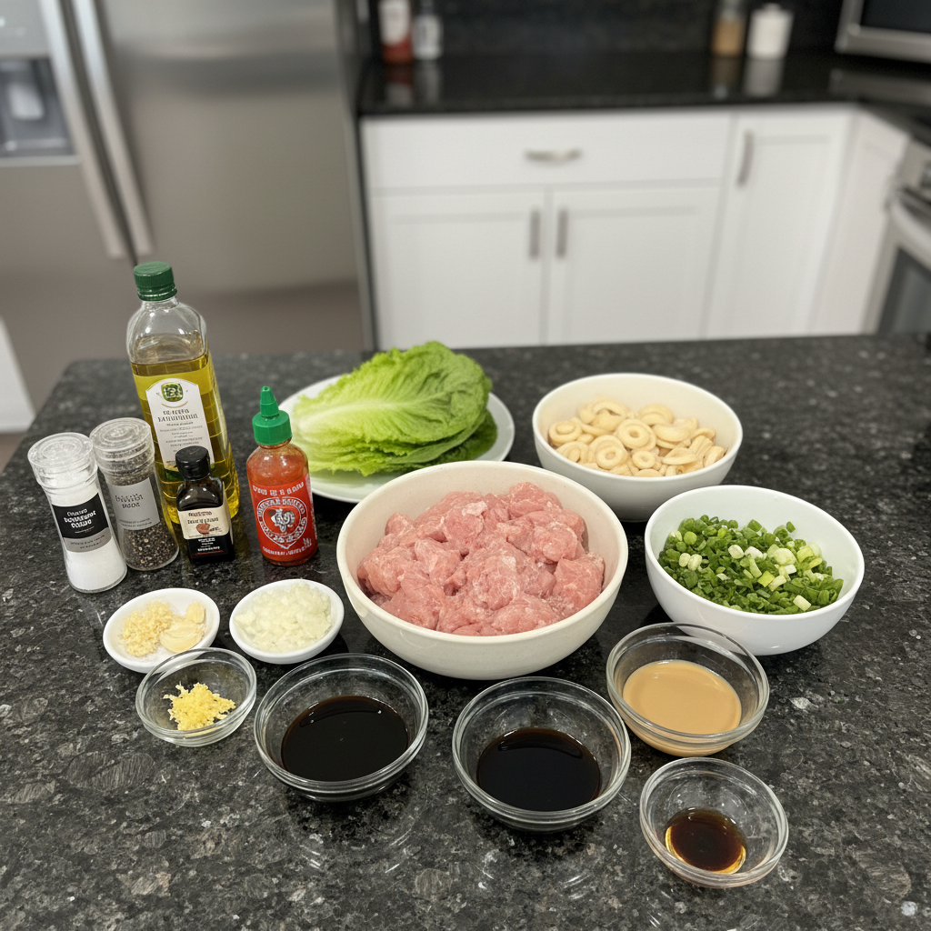 pf-changs-lettuce-wraps-ingredients Fresh ingredients for PF Chang’s Lettuce Wraps, including ground chicken, water chestnuts, ginger, garlic, and crisp lettuce leaves.