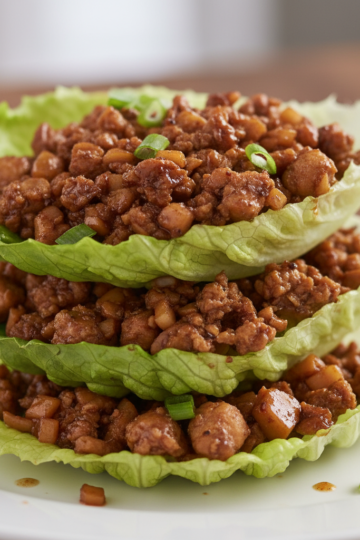 A beautifully plated PF Chang’s Lettuce Wraps dish, with crisp lettuce cups filled with savory ground chicken and herbs.