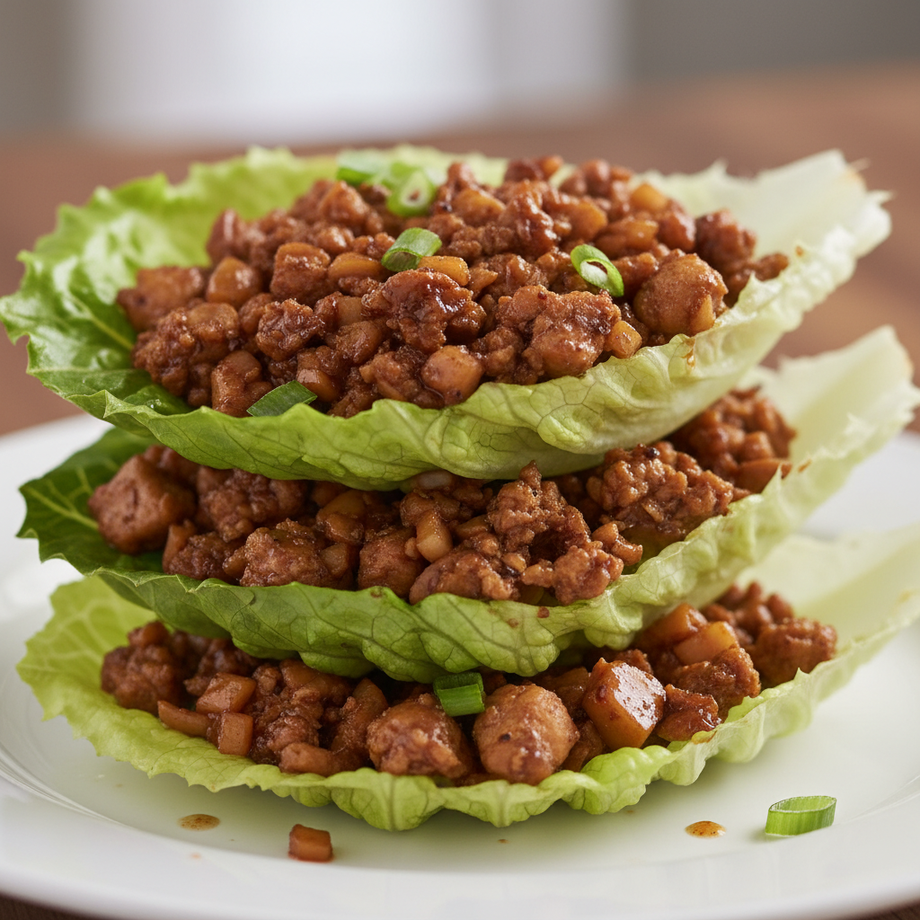 A beautifully plated PF Chang’s Lettuce Wraps dish, with crisp lettuce cups filled with savory ground chicken and herbs.