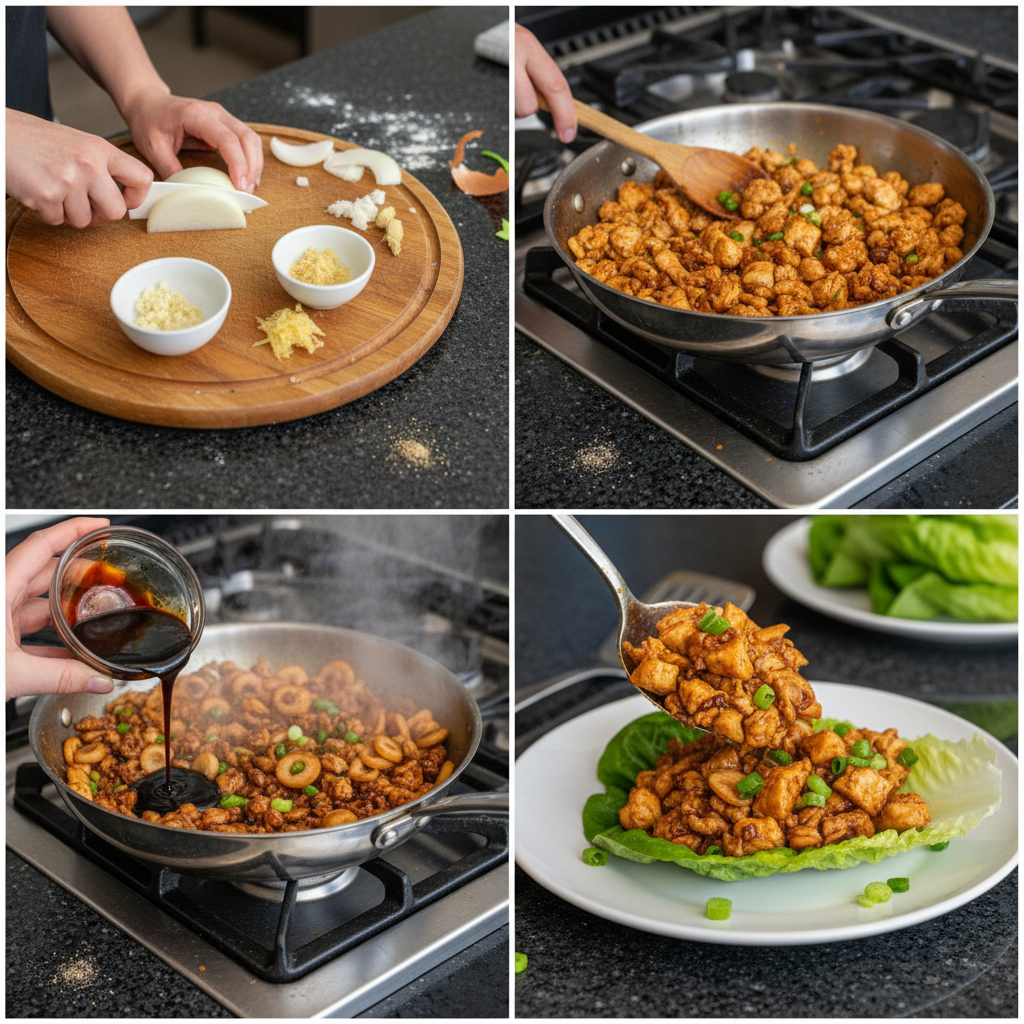 pf-changs-lettuce-wraps-prep-cooking Sautéing the savory ground chicken filling in a hot pan, a key step in making PF Chang’s Lettuce Wraps.