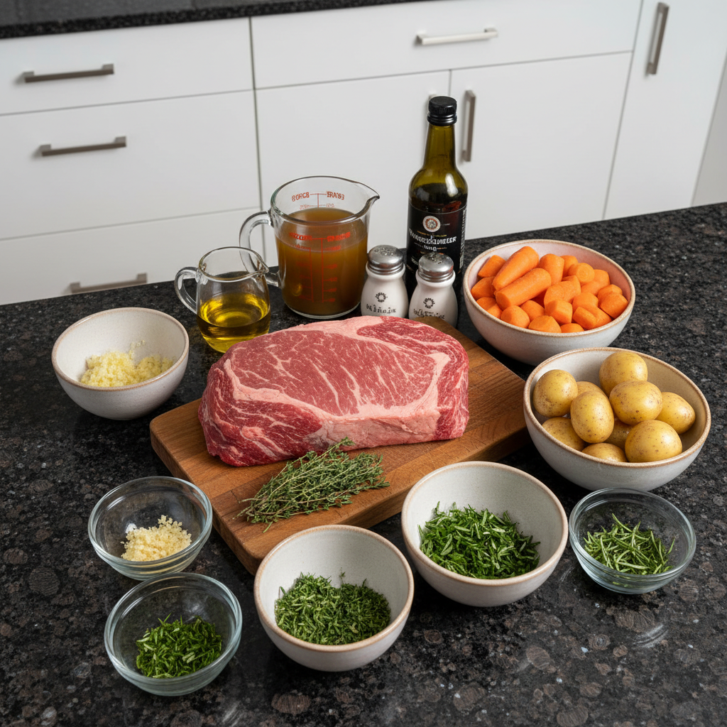 pot-roast-slow-cooker-ingredients Fresh ingredients for a pot roast slow cooker recipe, including beef chuck, potatoes, carrots, onions, and herbs on a counter.