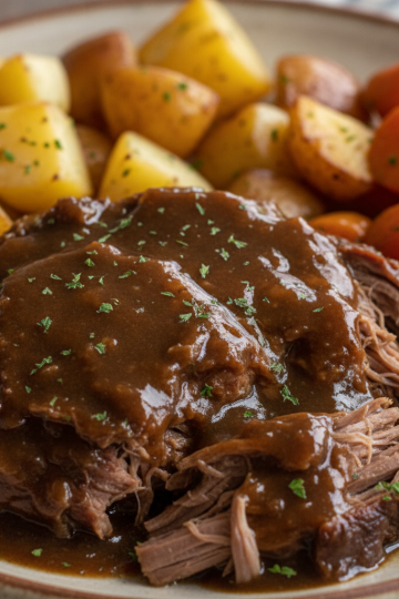 A hearty pot roast slow cooker meal served with tender carrots and potatoes, garnished with fresh herbs.