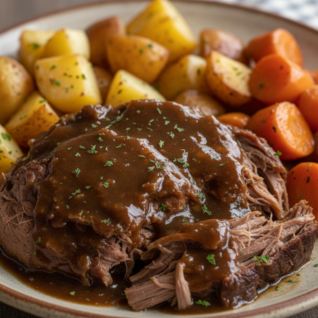 A hearty pot roast slow cooker meal served with tender carrots and potatoes, garnished with fresh herbs.