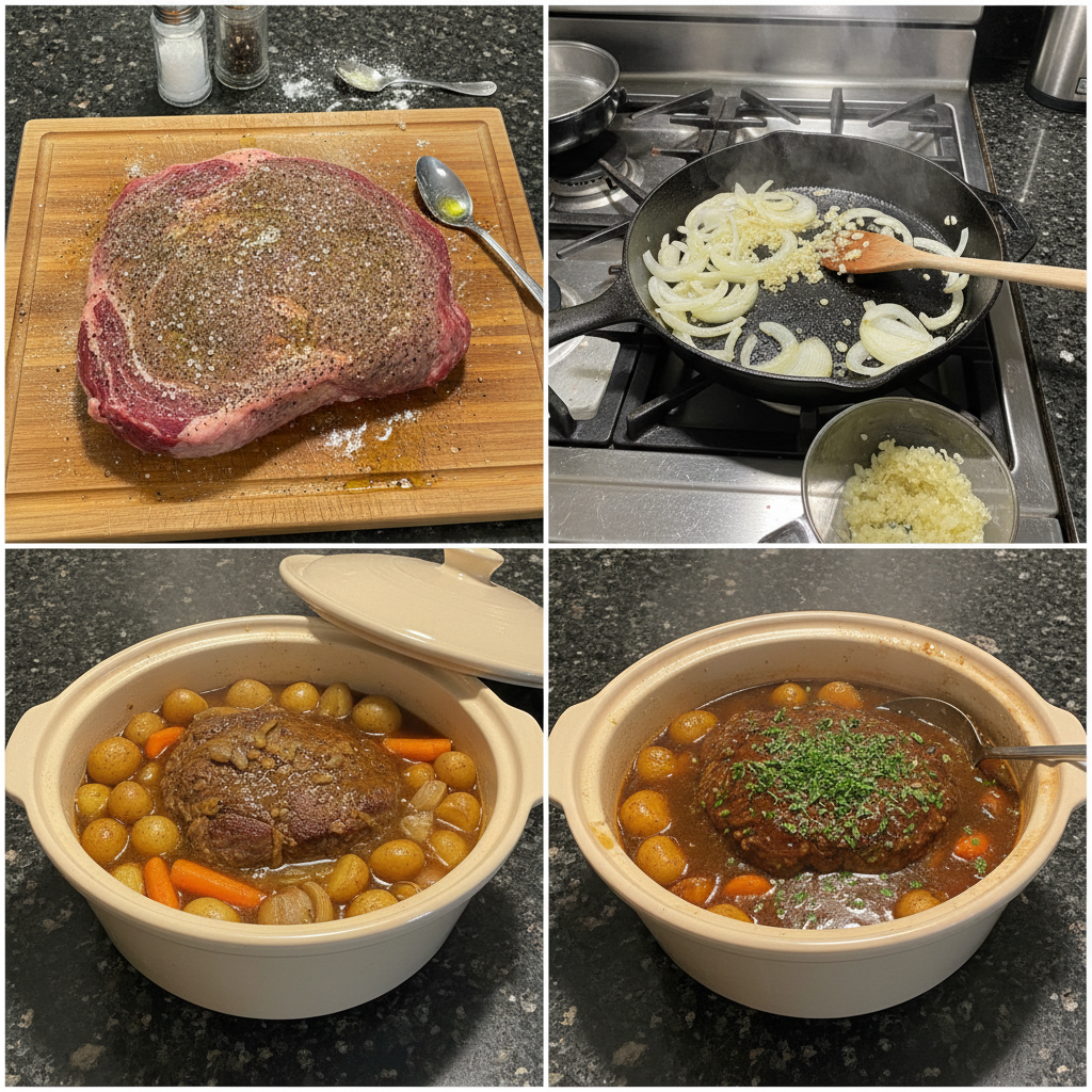 pot-roast-slow-cooker-prep-step Adding chopped vegetables and beef to a slow cooker, preparing a delicious pot roast slow cooker meal.