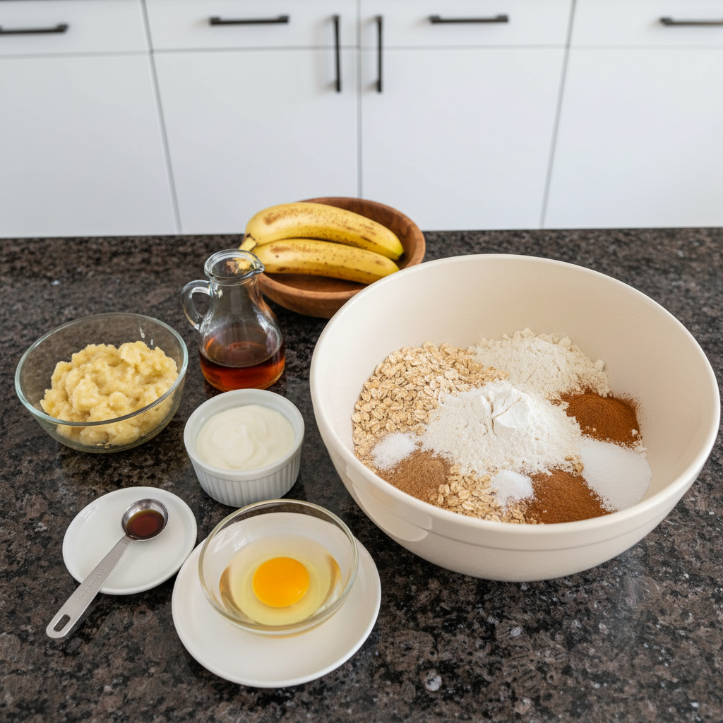 protein-banana-bread-ingredients Fresh bananas, protein powder, flour, and other dry ingredients laid out for making protein banana bread.