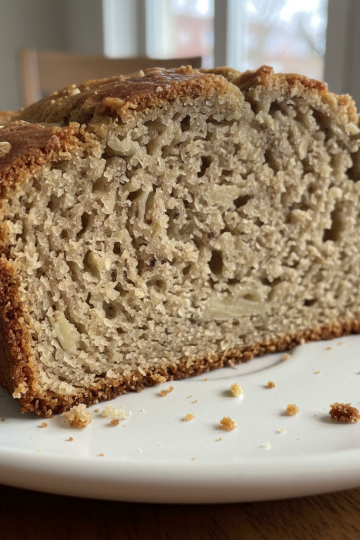 A slice of golden-brown protein banana bread on a wooden board, with a crumbly topping. Looks moist and delicious.