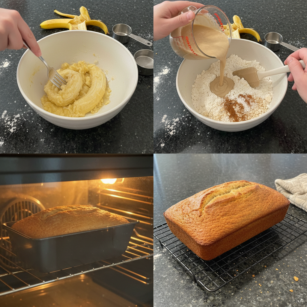 protein-banana-bread-prep Hands mixing wet and dry ingredients in a bowl during the preparation of protein banana bread batter.