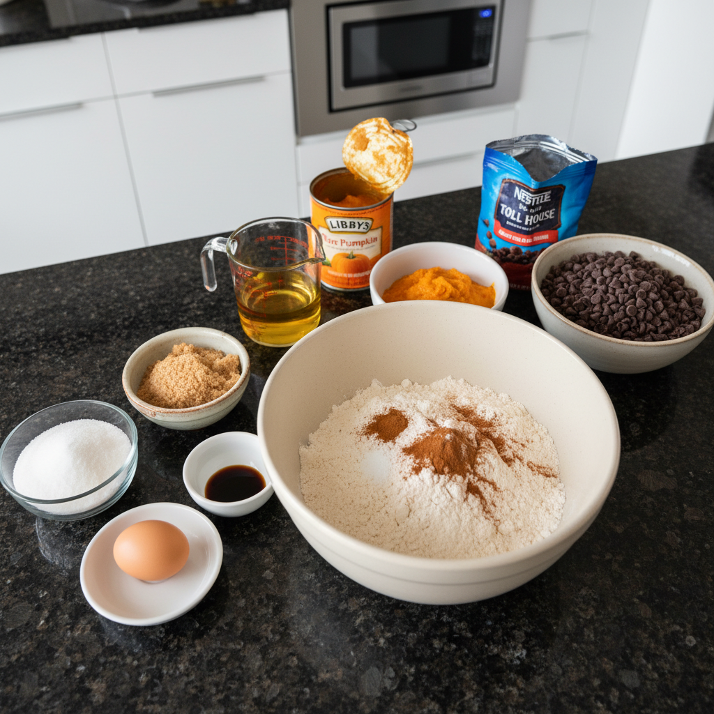 pumpkin-chocolate-chip-cookies-ingredients Fresh pumpkin puree, chocolate chips, flour, and spices for pumpkin chocolate chip cookies laid on a counter.