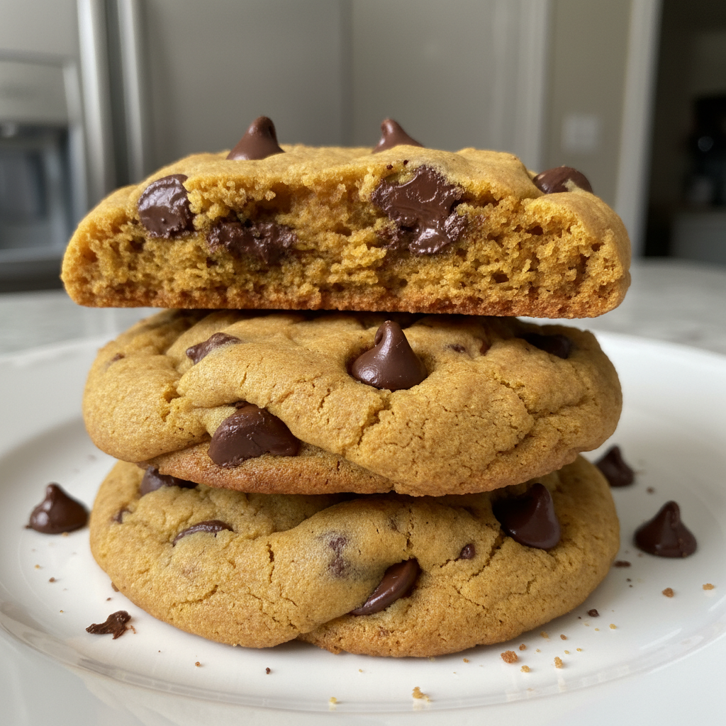 A close-up of soft, chewy pumpkin chocolate chip cookies stacked on a cooling rack.