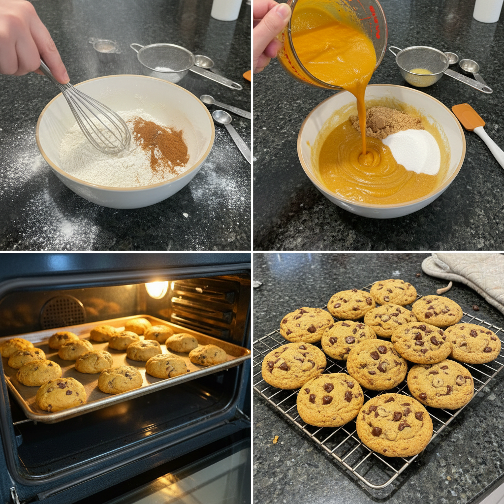 pumpkin-chocolate-chip-cookies-prep A chef's hands mixing the rich, orange pumpkin chocolate chip cookie dough in a large bowl.