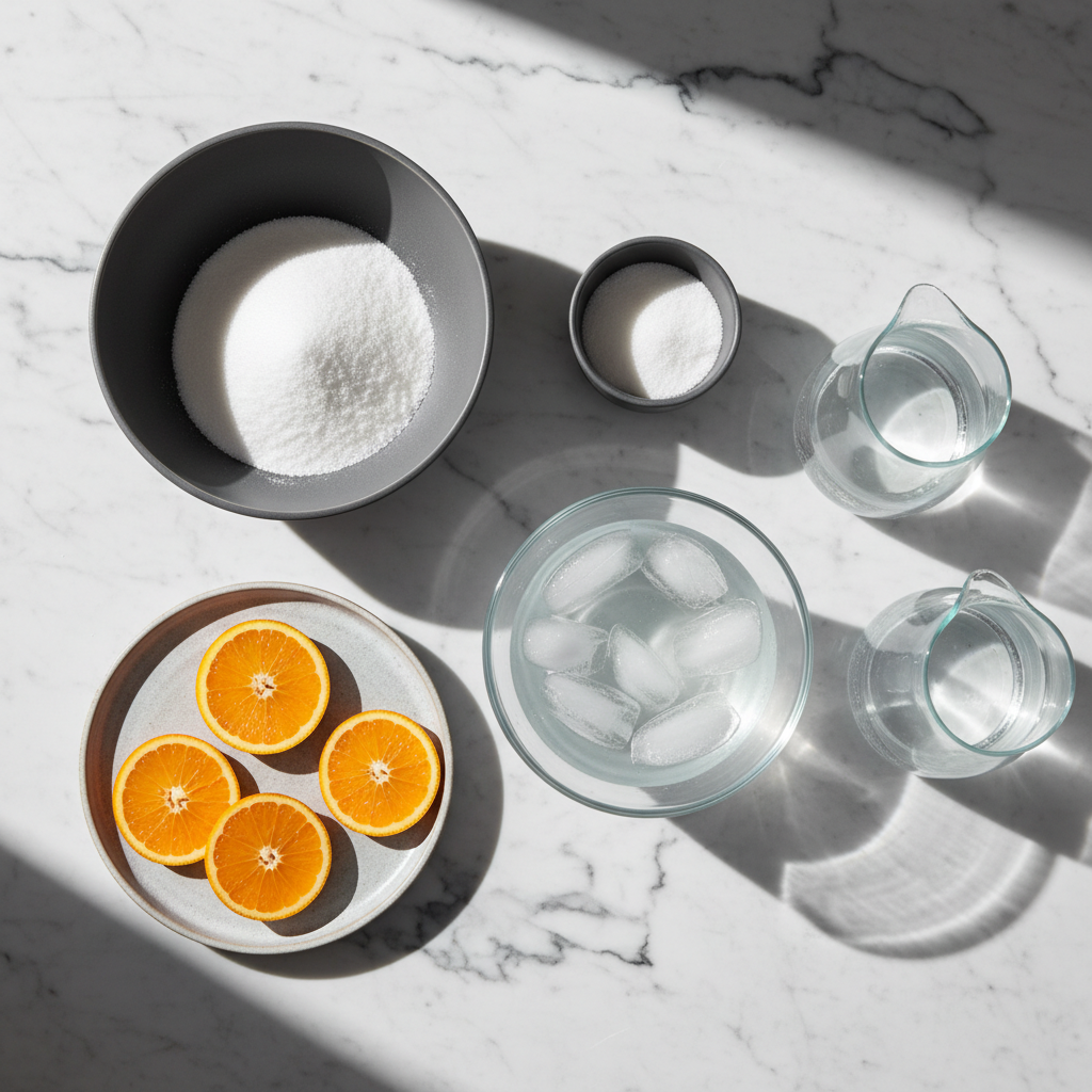 Flat lay of fresh navel oranges, blood oranges, and simple syrup components on a contemporary white countertop.
