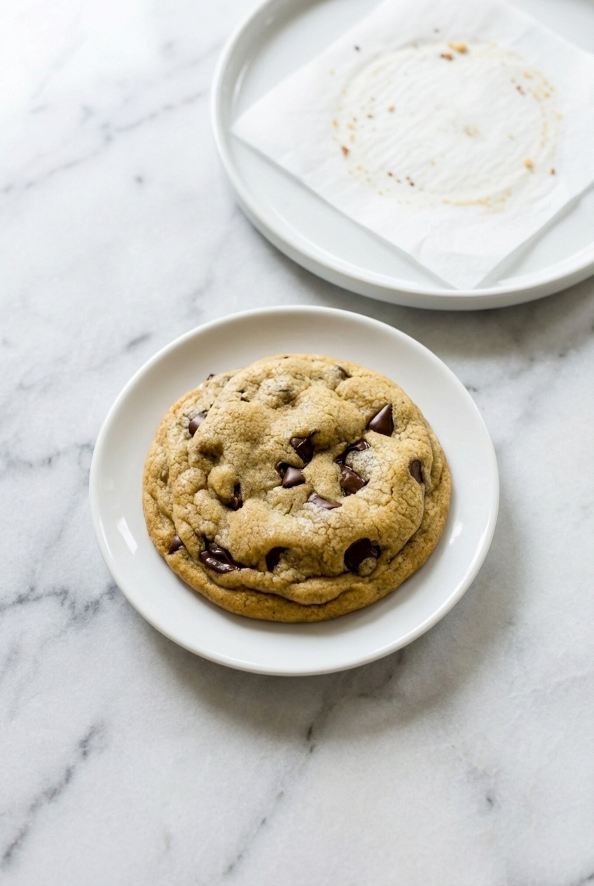 Chocolate chip cookies recipe final result resting on parchment paper in a minimalist ceramic vessel under window light.