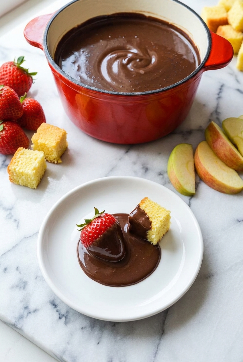 Lifestyle shot of chocolate fondue recipe served with dipping skewers on a contemporary countertop with soft natural lighting.