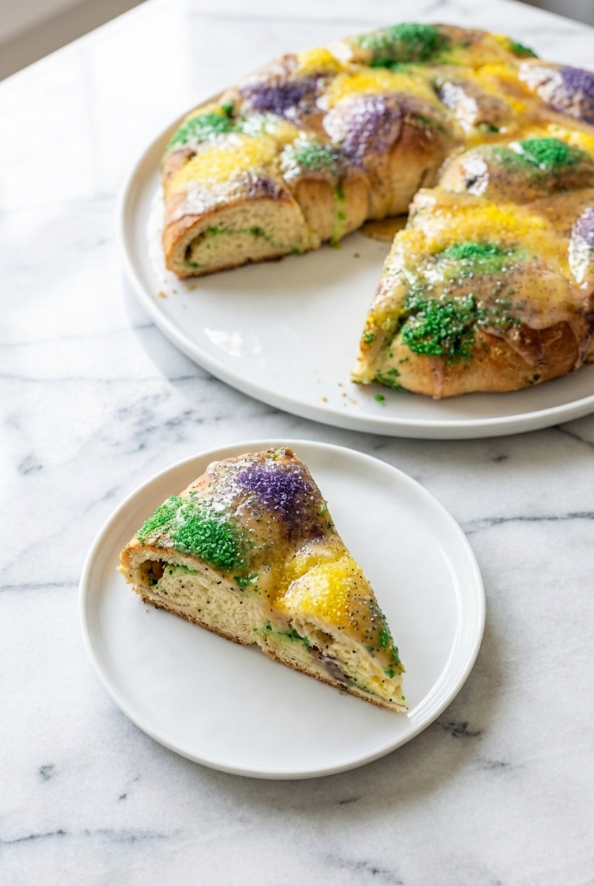 Slices of king cake recipe showcasing the cream cheese filling, served on a white plate with soft shadows.