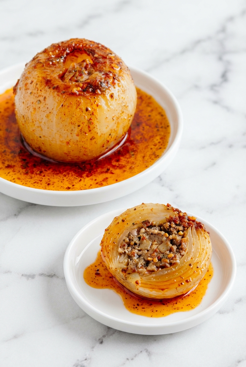 Onion Boil Recipe served in a minimalist bowl on a white marble surface with soft natural shadows.