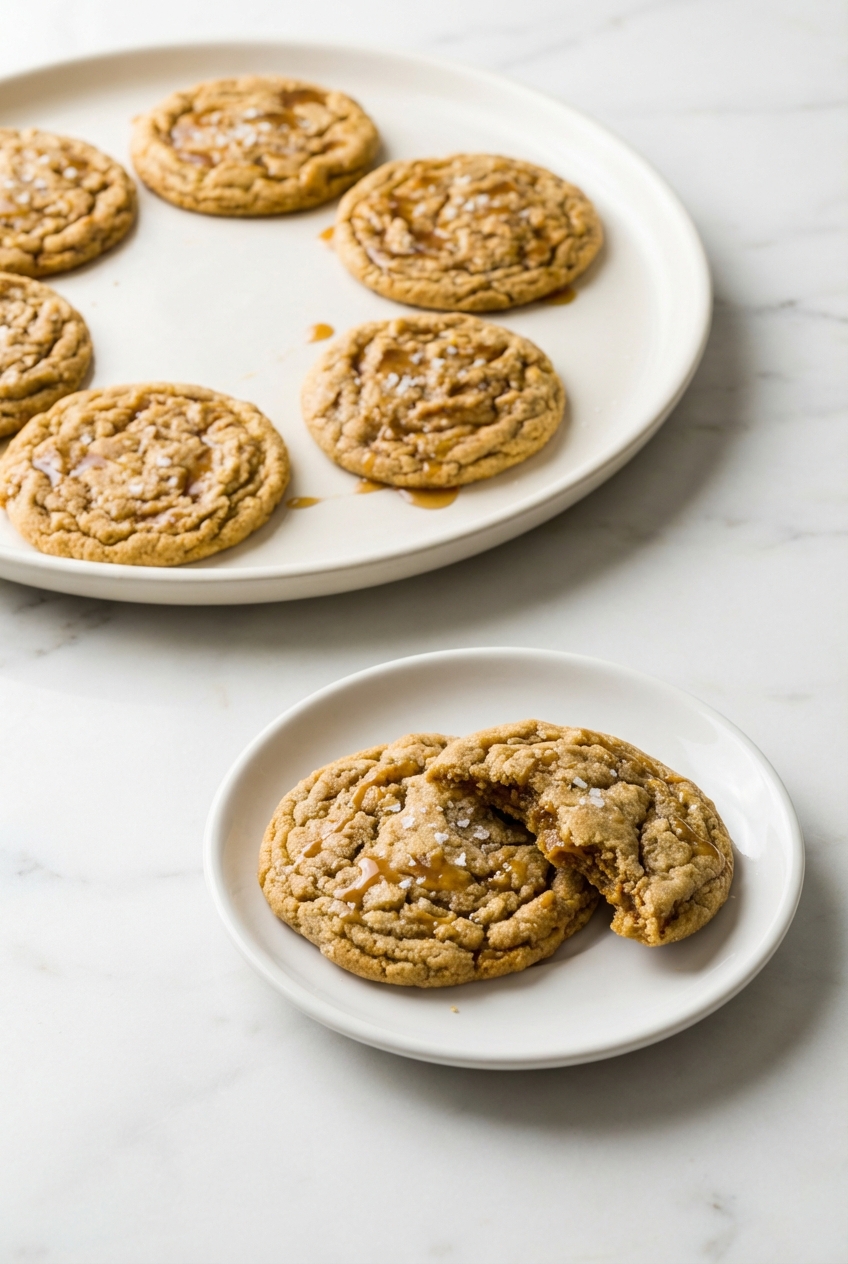 Peanut butter cookies stacked in a minimalist ceramic vessel on a white marble surface with soft shadows.