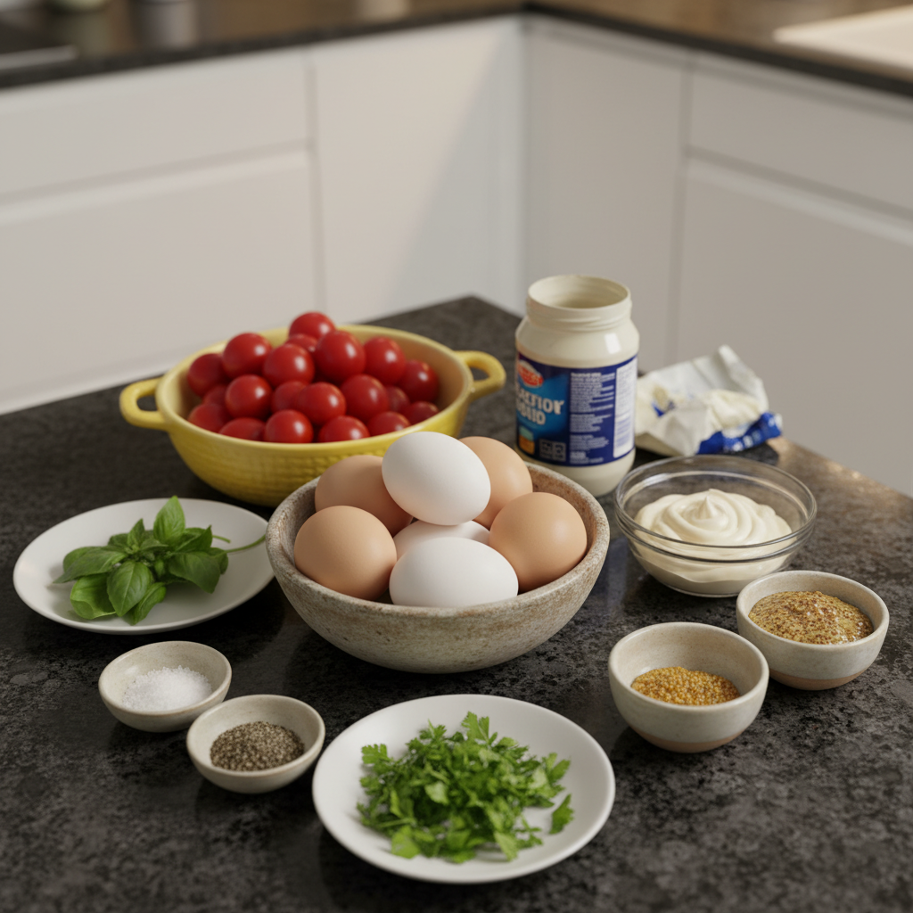 shamrock-deviled-eggs-ingredients Ingredients laid out for making festive Shamrock Deviled Eggs, including eggs, mayonnaise, mustard, and green food coloring.