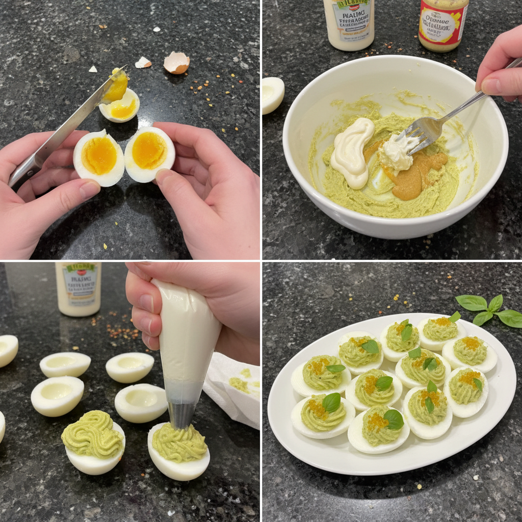 shamrock-deviled-eggs-preparation Hands carefully piping the green yolk mixture into egg white halves, forming Shamrock Deviled Eggs.