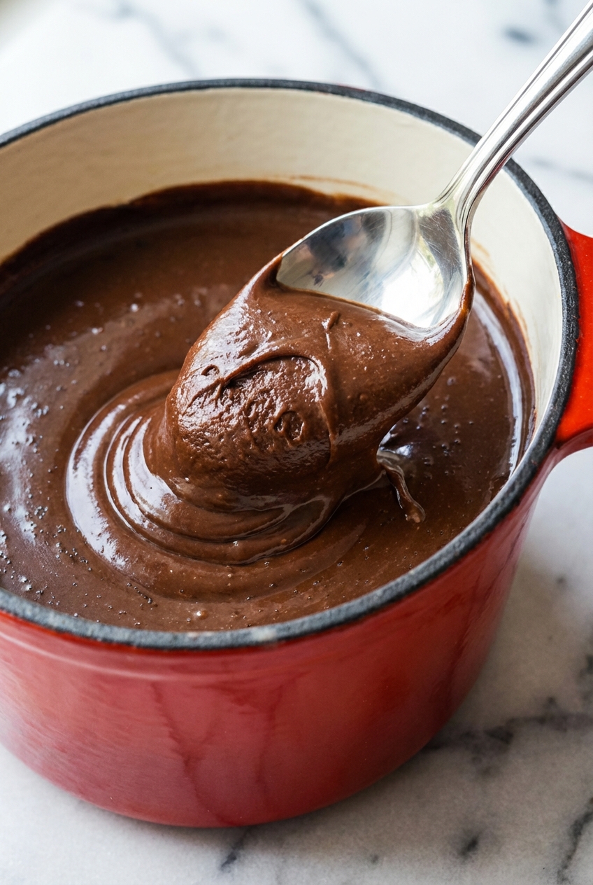 Close-up texture of a glossy chocolate fondue recipe showing perfect emulsification in a minimalist ceramic vessel.