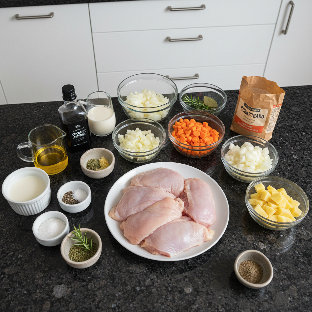 slow-cooker-chicken-stew-ingredients Fresh chicken breasts, carrots, celery, potatoes, and herbs laid out for slow cooker chicken stew.