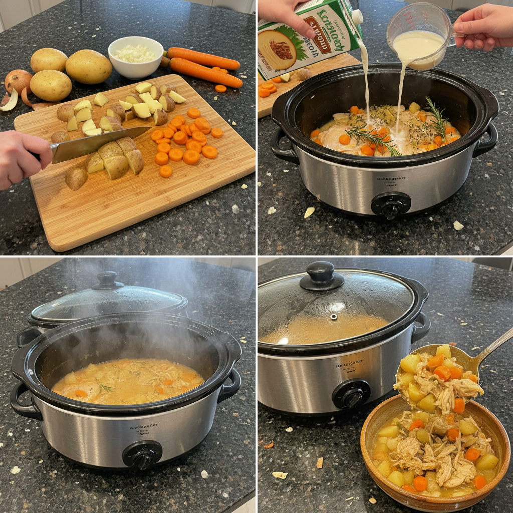 slow-cooker-chicken-stew-prep-step Diced chicken, vegetables, and broth loaded into a slow cooker for the chicken stew recipe.