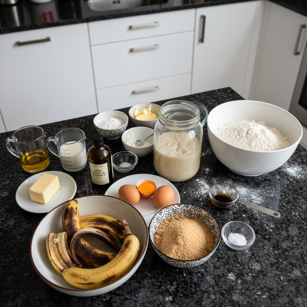 sourdough-banana-bread-ingredients-mise-en-place A flat lay of fresh bananas, flour, a jar of sourdough starter, and other key ingredients for sourdough banana bread.