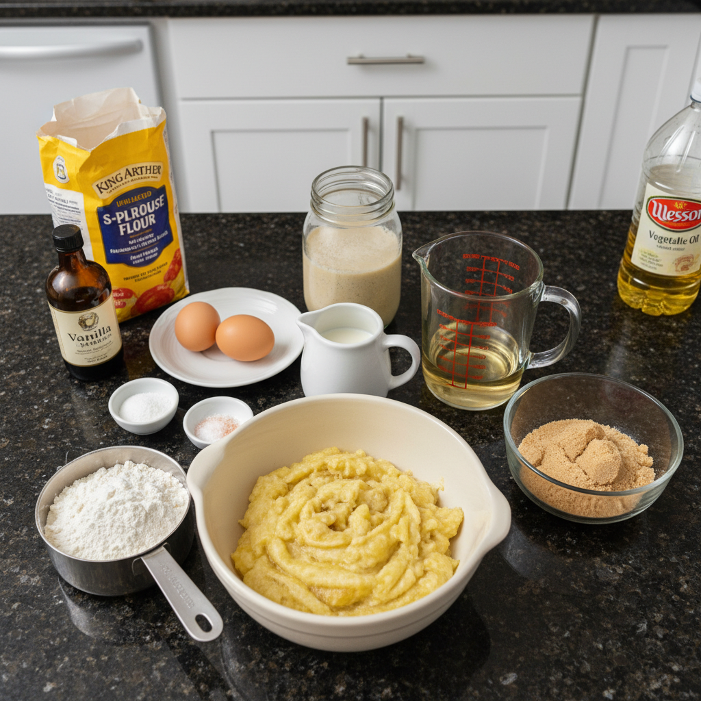sourdough-discard-banana-bread-ingredients-mise-en-place All fresh ingredients for sourdough discard banana bread laid out, including ripe bananas, flour, and sourdough discard.