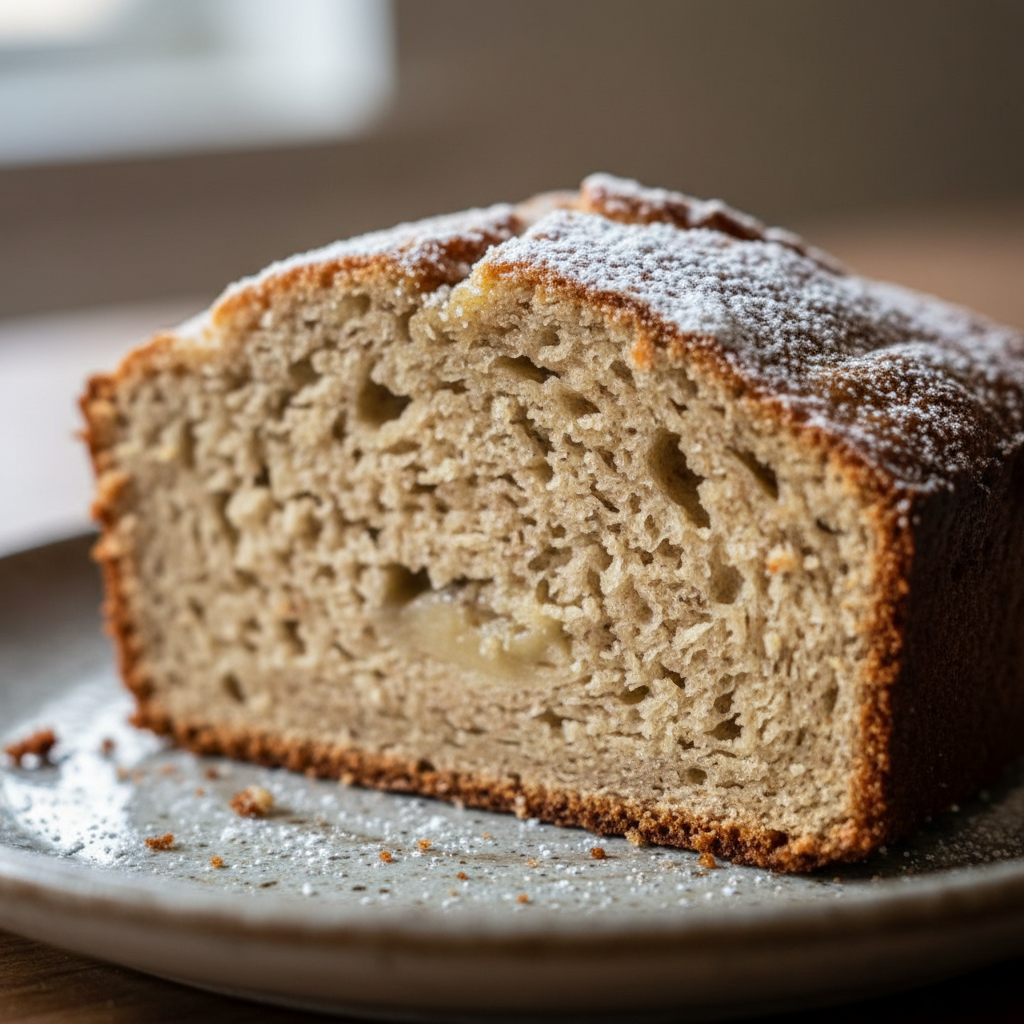 A golden brown loaf of moist sourdough discard banana bread, sliced and ready to serve on a wooden board.