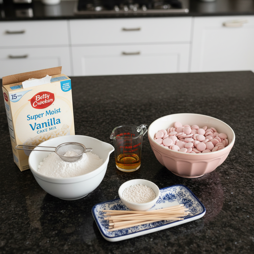 starbucks-cake-pops-ingredients-flat-lay Various fresh ingredients laid out for making Starbucks Cake Pops, including cake mix, frosting, and sprinkles.