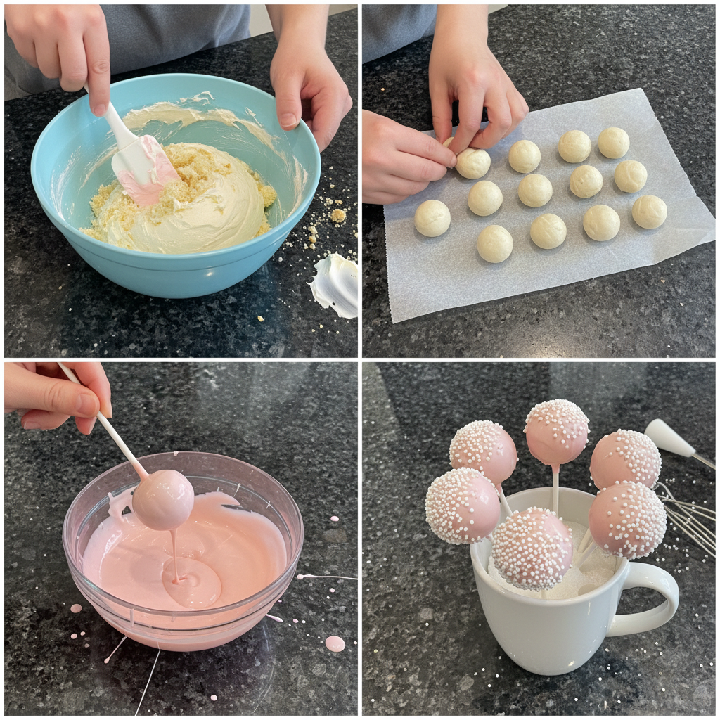 starbucks-cake-pops-prep-dipping-process Hands gently dipping a formed cake ball into melted white chocolate for Starbucks Cake Pops.
