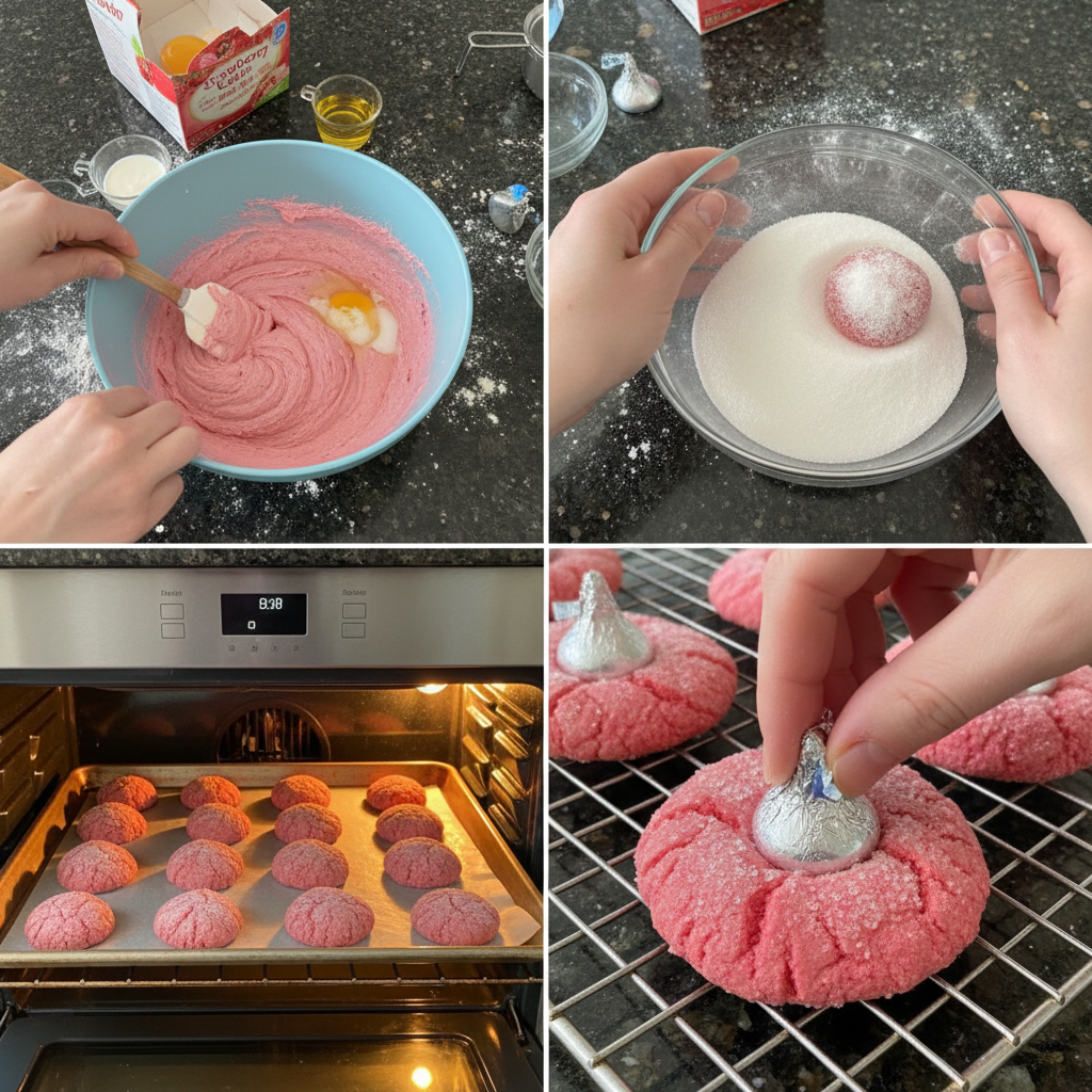 strawberry-kiss-cookies-adding-kiss Hands gently pressing a chocolate kiss into the center of a warm, just-baked Strawberry Kiss Cookie on a cooling rack.