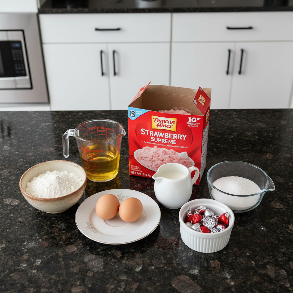 strawberry-kiss-cookies-ingredients-spread Fresh ingredients for Strawberry Kiss Cookies laid out: flour, sugar, strawberry puree, butter, and chocolate kisses.