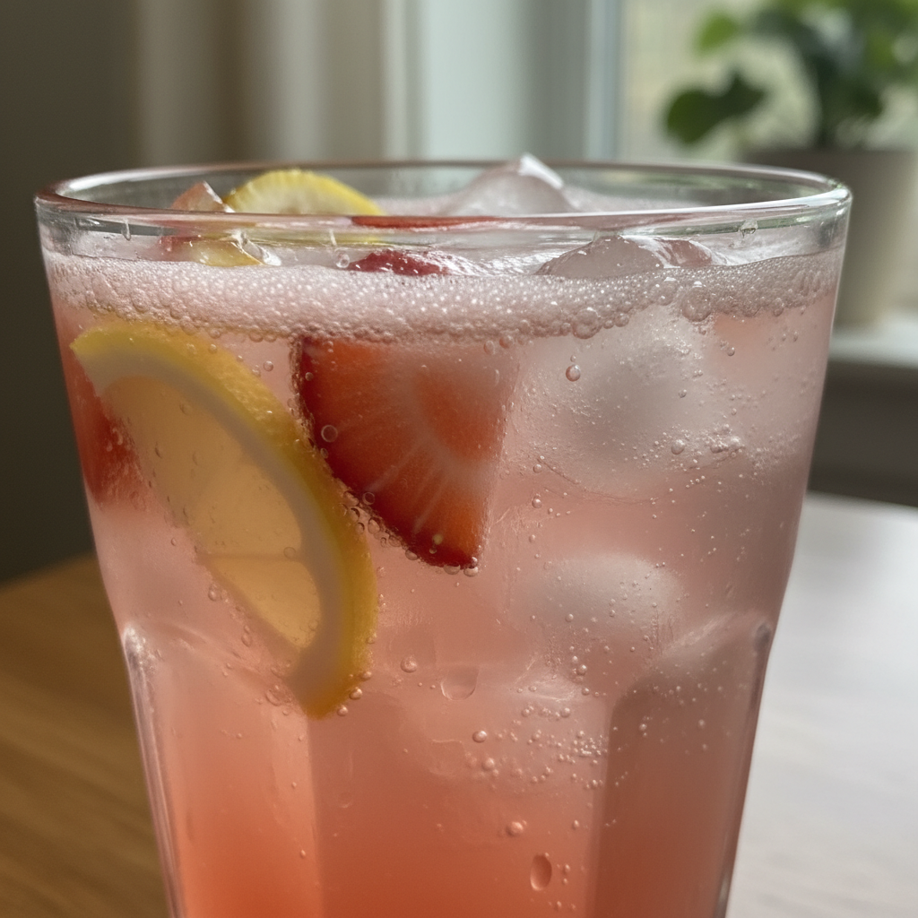 A vibrant glass of refreshing homemade Strawberry Lemonade, garnished with fresh berries and lemon slices, perfect for this recipe.