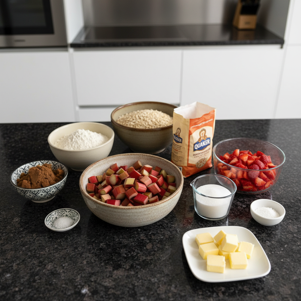 strawberry-rhubarb-crisp-ingredients Fresh strawberries, chopped rhubarb, oats, and brown sugar laid out on a wooden board for making strawberry rhubarb crisp.