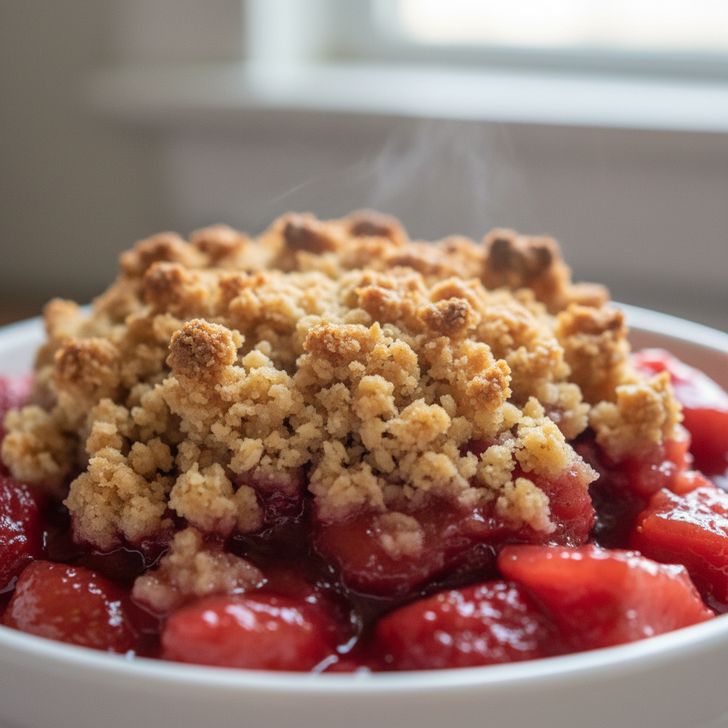 A close-up of a warm strawberry rhubarb crisp, golden brown and bubbling, served in a white bowl with a scoop of vanilla ice cream.