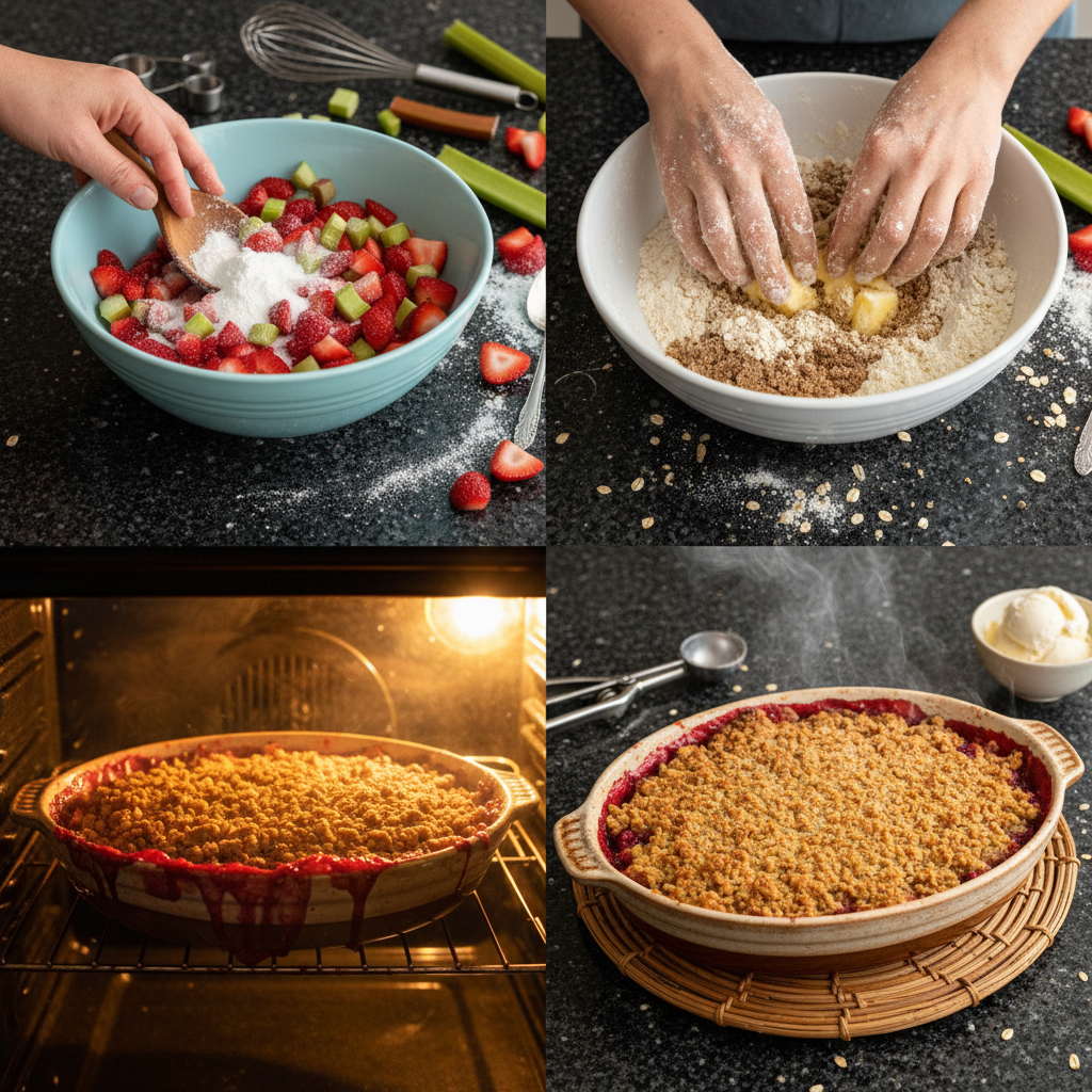 strawberry-rhubarb-crisp-prep-step Hands mixing the buttery oat crumb topping over the fruit filling in a glass baking dish for a strawberry rhubarb crisp.